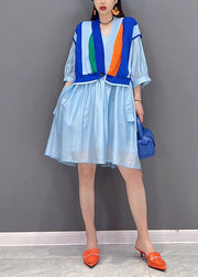 Modern Blue V Neck Striped Patchwork Button wrinkled Dresses Half Sleeve