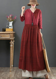 Modern Burgundy Plaid Tunic V Neck Tie Waist Maxi Spring Dress - SooLinen