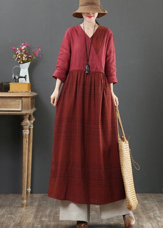 Modern Burgundy Plaid Tunic V Neck Tie Waist Maxi Spring Dress - SooLinen