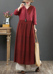 Modern Burgundy Plaid Tunic V Neck Tie Waist Maxi Spring Dress - SooLinen