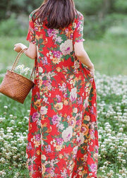 Modern Chinese Button Summer Clothes Women Tutorials Red Print Traveling Dresses - SooLinen