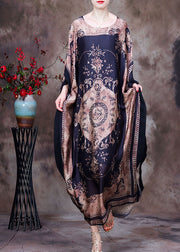 Modern Coffee O-Neck Print Silk Long Dress Gown Fledermausärmel