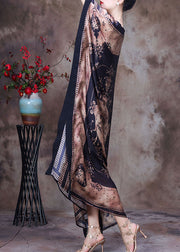 Modern Coffee O-Neck Print Silk Long Dress Gown Fledermausärmel