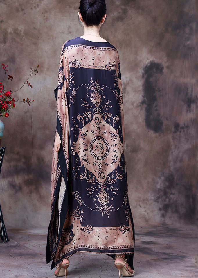 Modern Coffee O-Neck Print Silk Long Dress Gown Fledermausärmel