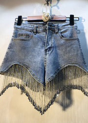 Moderne Denim-Shorts aus blauer Baumwolle mit Diamanten und Quaste