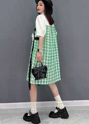 Modern Green Plaid Peter Pan Collar Patchwork Floral Maxi Dress Short Sleeve