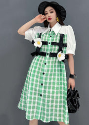 Modern Green Plaid Peter Pan Collar Patchwork Floral Maxi Dress Short Sleeve