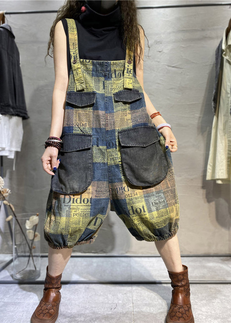 Modern Green Plaid Pockets Patchwork Cotton Denim Jumpsuit Summer