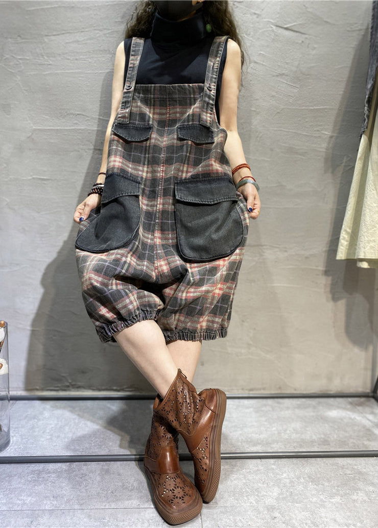 Modern Green Plaid Pockets Patchwork Cotton Denim Jumpsuit Summer