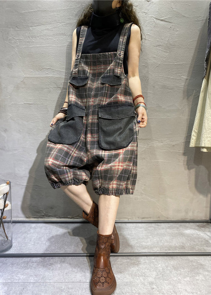 Modern Green Plaid Pockets Patchwork Cotton Denim Jumpsuit Summer