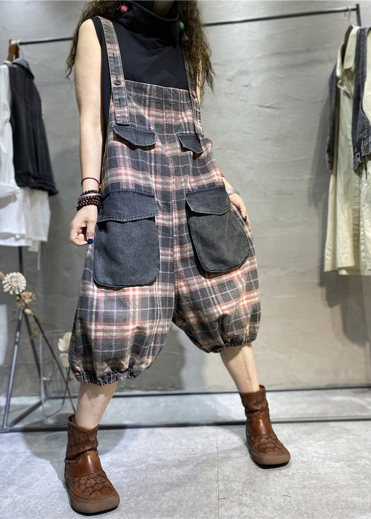 Modern Green Plaid Pockets Patchwork Cotton Denim Jumpsuit Summer