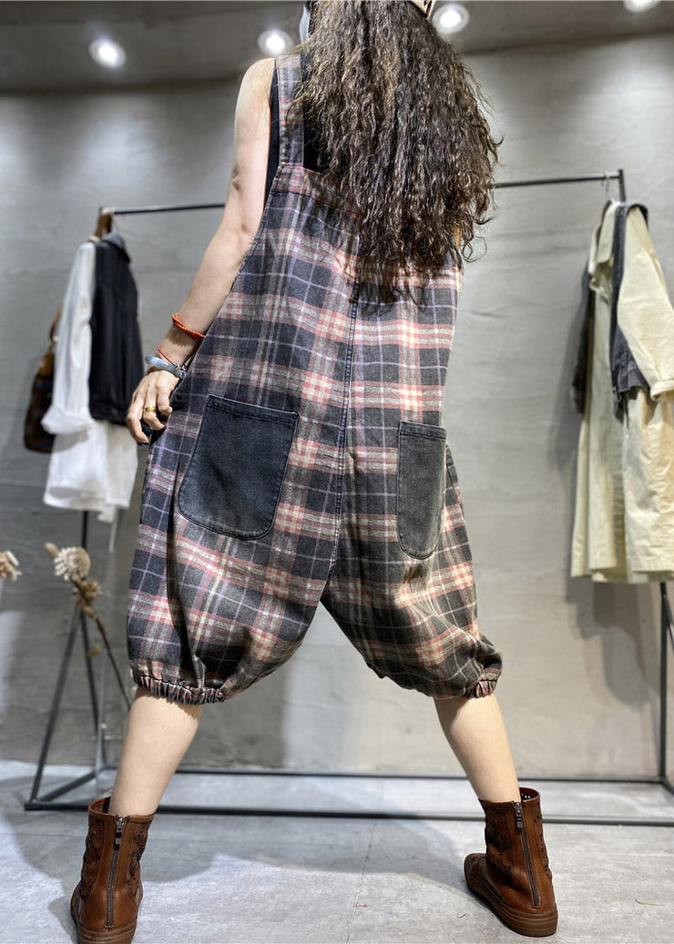 Modern Green Plaid Pockets Patchwork Cotton Denim Jumpsuit Summer