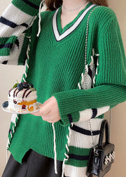 Modern Green V Neck asymmetrical design Knit Winter sweaters