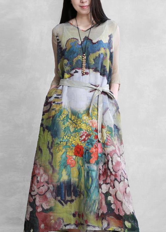 Modern Green art print clothes For Women v neck tie waist long summer Dresses - SooLinen