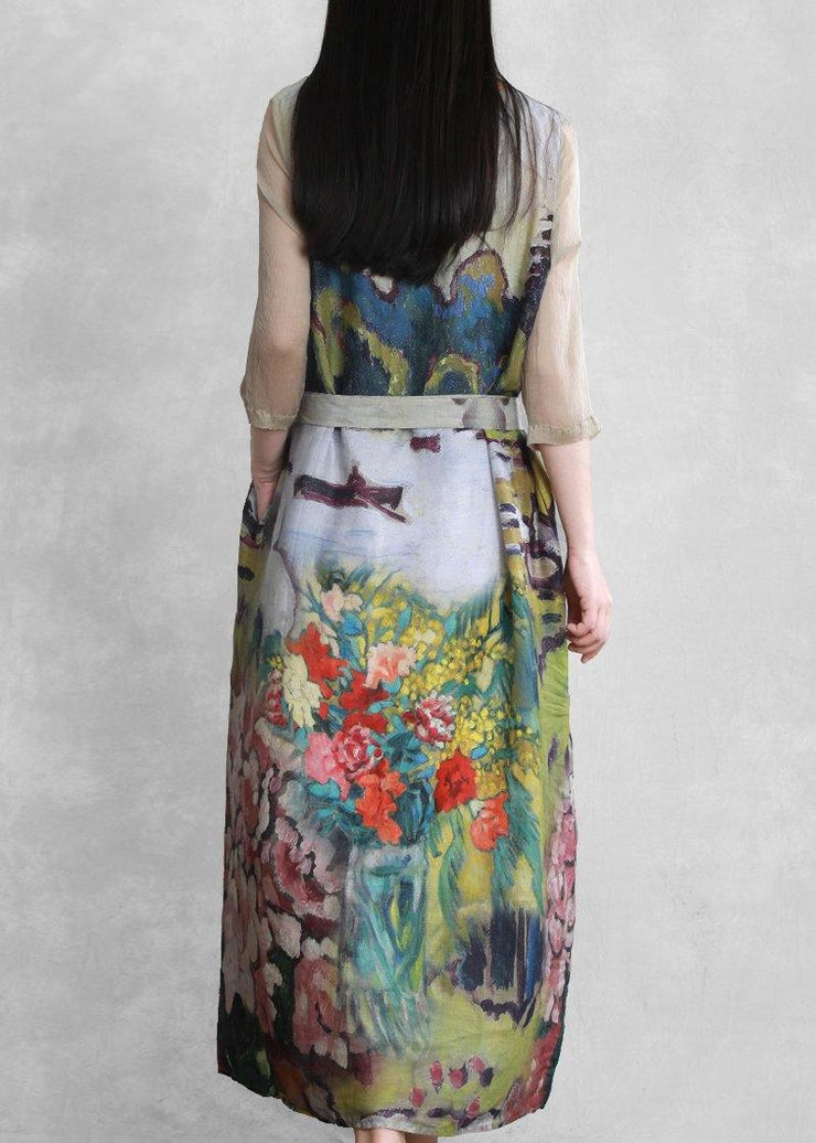 Modern Green art print clothes For Women v neck tie waist long summer Dresses - SooLinen