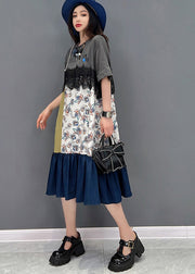 Modern Grey Asymmetrical Patchwork Lace Ruffles Cotton Denim Dresses Short Sleeve