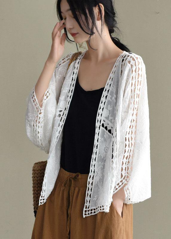 Modern Khaki Jacquard Hollow Out Cotton Short Cardigans - SooLinen