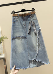 Modern Light Blue High Waist Asymmetrical Sashes Pendant Pockets Cotton Denim Skirt Summer