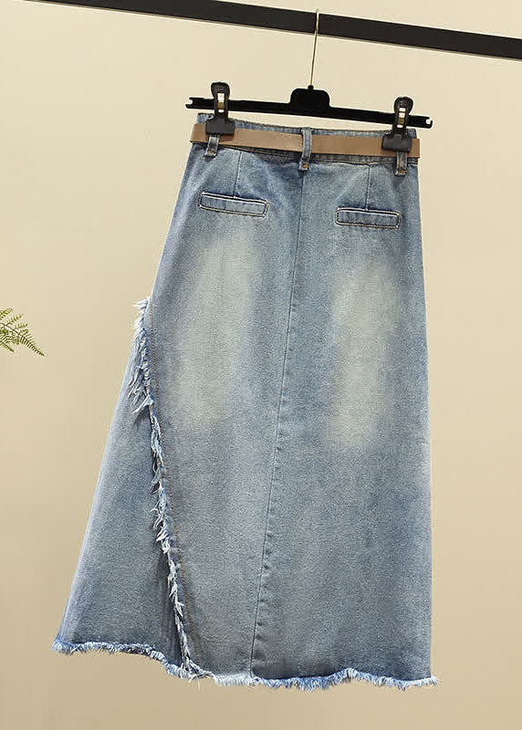 Modern Light Blue High Waist Asymmetrical Sashes Pendant Pockets Cotton Denim Skirt Summer