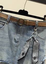 Modern Light Blue High Waist Asymmetrical Sashes Pendant Pockets Cotton Denim Skirt Summer