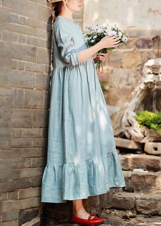 Modern Light Blue Tunic Dress O Neck Ruffles Long Spring Dresses - SooLinen