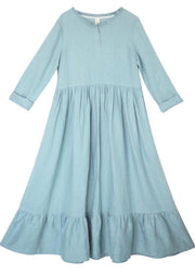 Modern Light Blue Tunic Dress O Neck Ruffles Long Spring Dresses - SooLinen