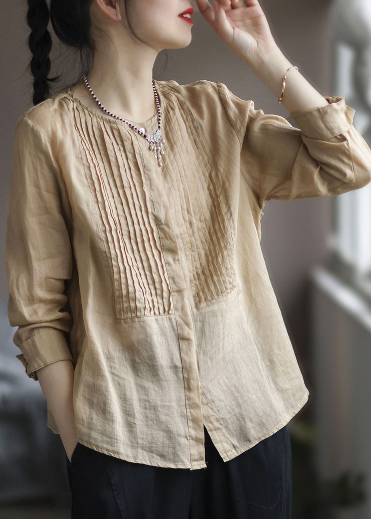 Modern Light Yellow Wrinkled Linen Shirts Long Sleeve