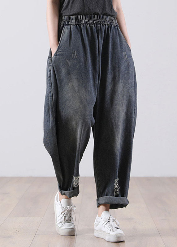 Modern Navy Elastic Waist Pockets Harem Denim Fall Pants