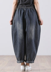 Modern Navy Elastic Waist Pockets Harem Denim Fall Pants