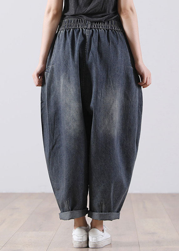 Modern Navy Elastic Waist Pockets Harem Denim Fall Pants