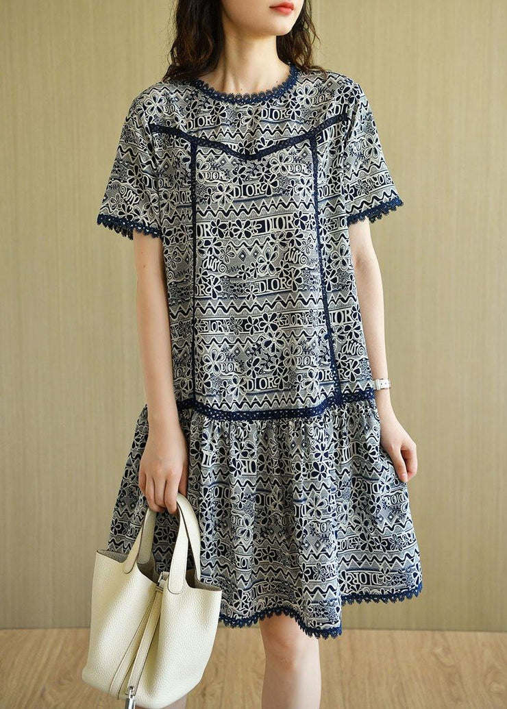 Modern Navy O-Neck Print Summer Chiffon Dresses Short Sleeve - SooLinen