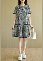 Modern Navy O-Neck Print Summer Chiffon Dresses Short Sleeve - SooLinen