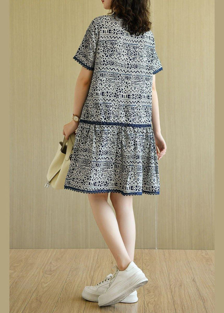 Modern Navy O-Neck Print Summer Chiffon Dresses Short Sleeve - SooLinen