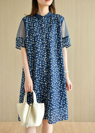 Modern Navy Peter Pan Collar Button Patchwork Tulle Summer Dresses Short Sleeve - SooLinen