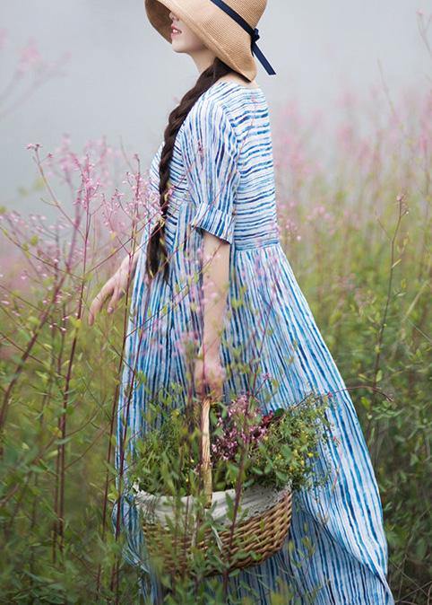 Modern O Neck Patchwork Summer Dress Sewing Blue Striped Maxi Dresses - SooLinen