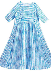 Modern O Neck Patchwork Summer Dress Sewing Blue Striped Maxi Dresses - SooLinen