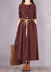 Modern O Neck Tie Waist Spring Wardrobes Shirts Burgundy Striped Dresses - SooLinen