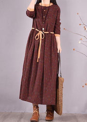 Modern O Neck Tie Waist Spring Wardrobes Shirts Burgundy Striped Dresses - SooLinen