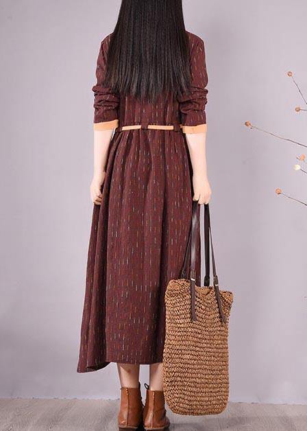 Modern O Neck Tie Waist Spring Wardrobes Shirts Burgundy Striped Dresses - SooLinen