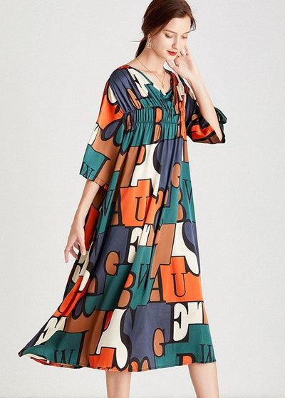 Modern Orange Green Print V Neck Summer Holiday Dress Half Sleeve - SooLinen