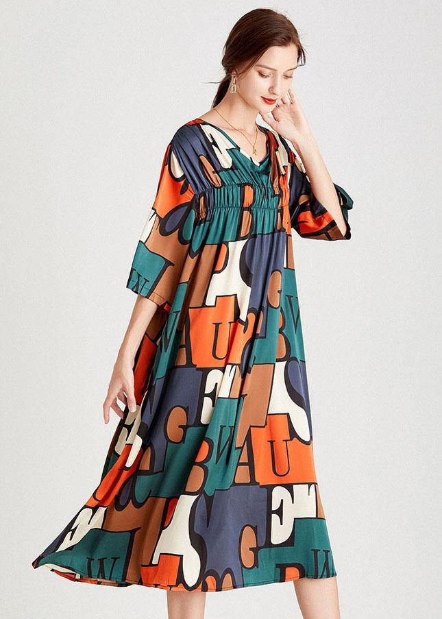 Modern Orange Green Print V Neck Summer Holiday Dress Half Sleeve - SooLinen