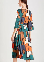 Modern Orange Green Print V Neck Summer Holiday Dress Half Sleeve - SooLinen