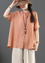 Modern Orange Stand Button Summer Shirt Top - SooLinen