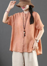 Modern Orange Stand Button Summer Shirt Top - SooLinen