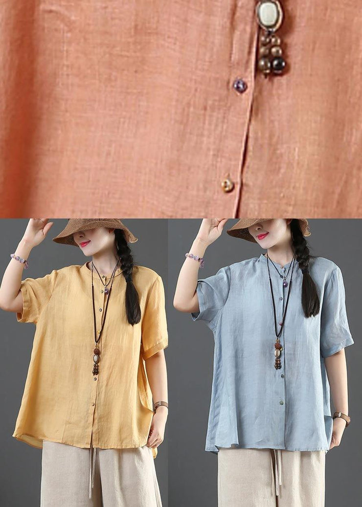 Modern Orange Stand Button Summer Shirt Top - SooLinen