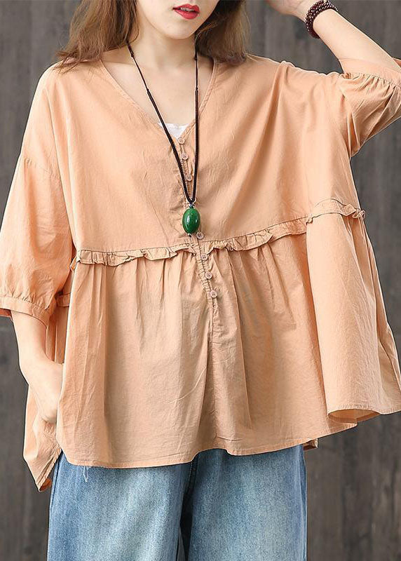 Modern Orange V Neck Button Patchwork Ruffled Fall Shirts Half Sleeve