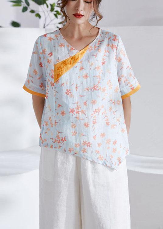 Modern Orange V-Neck Patchwork Print Summer Ramie Top - SooLinen