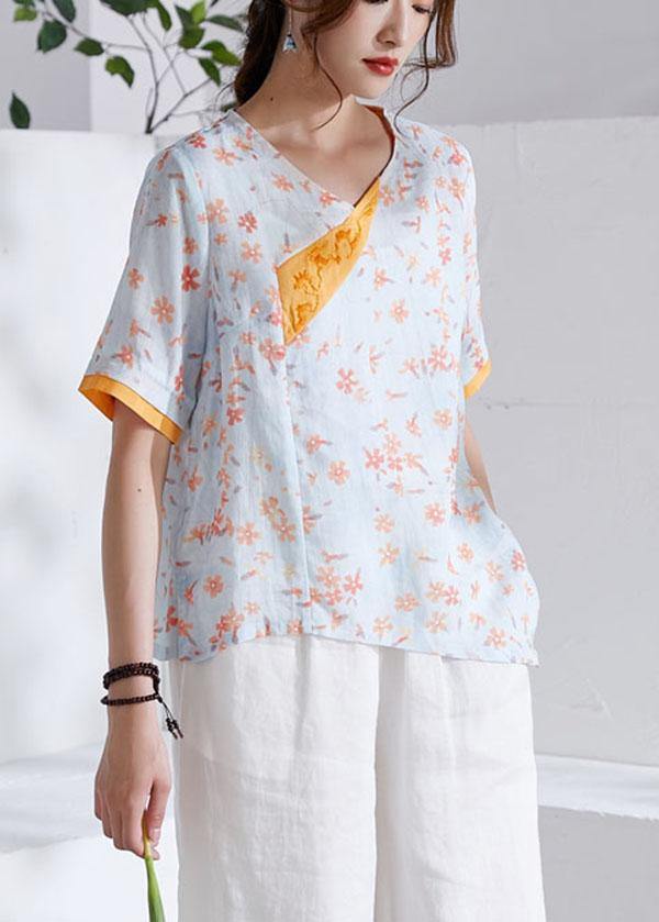 Modern Orange V-Neck Patchwork Print Summer Ramie Top - SooLinen