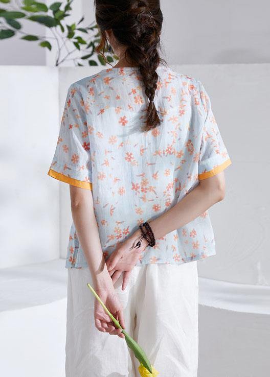 Modern Orange V-Neck Patchwork Print Summer Ramie Top - SooLinen