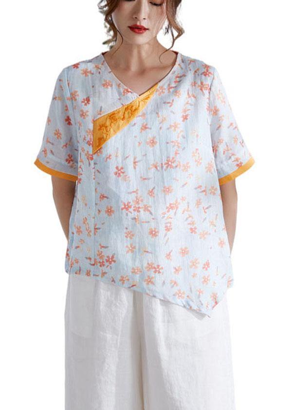 Modern Orange V-Neck Patchwork Print Summer Ramie Top - SooLinen